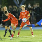 Olti Hyseni (Danmark) afslutter under U18 træningskampen mellem Danmark og Finland den 13. november 2024 på Herlev Stadion. Foto: Claus Birch.