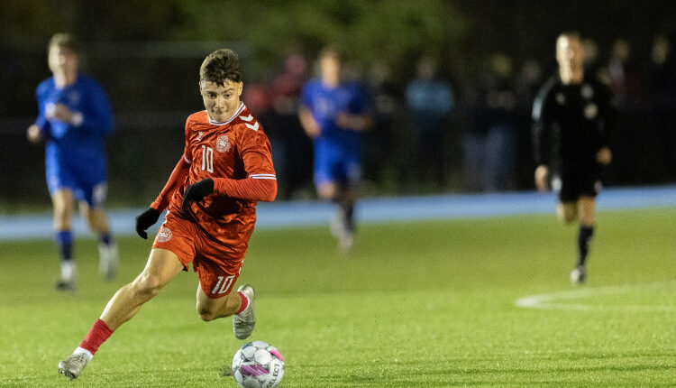 Olti Hyseni (Danmark) under U18 træningskampen mellem Danmark og Finland den 13. november 2024 på Herlev Stadion. Foto: Claus Birch.